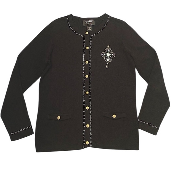 Designers Originals Sweaters - Vintage Studio Joy Black Cardigan Size S Jewel Brooch Trim Cottagecore Glam